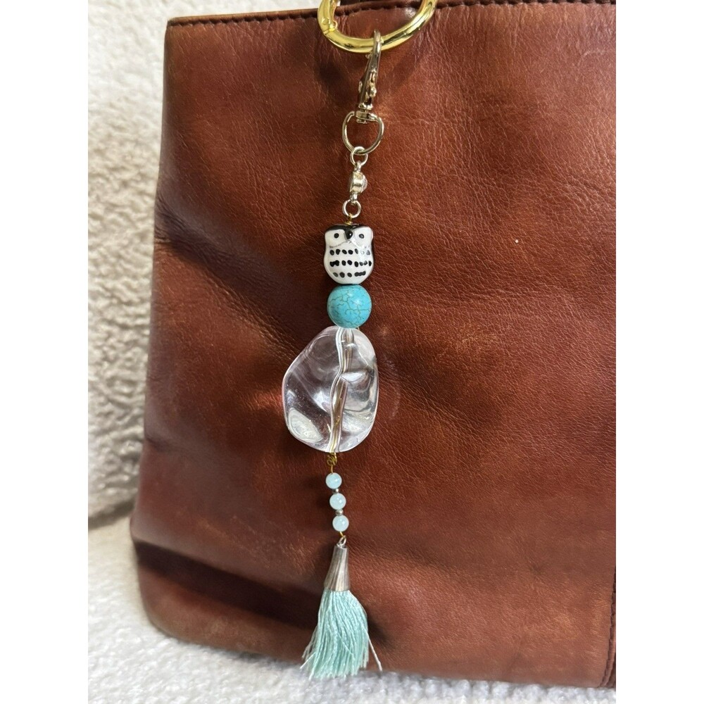 Owl Beaded Faux Turquoise Acrylic Key Chain Purse Charm Bag Charm Key Fob